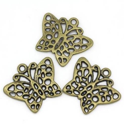 4 breloques pendentifs papillon dentelle en métal col bronze 