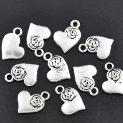 5 breloques coeur avec une rose en métal argenté 