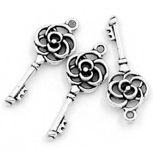 5 breloques clef avec rosace n° 3 en métal argenté 