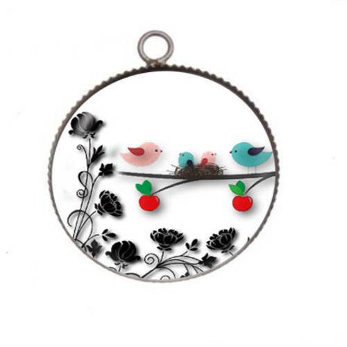 1 pendentif cabochon rond en résine 25mm bird 015 