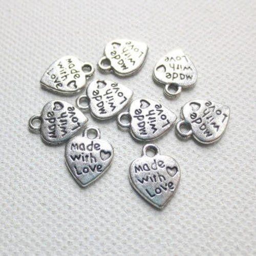10 breloques pendentif  coeur made with love en métal argenté 