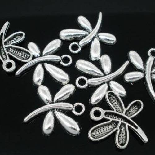 4 breloques pendentif  libellule stylisée en métal argenté 