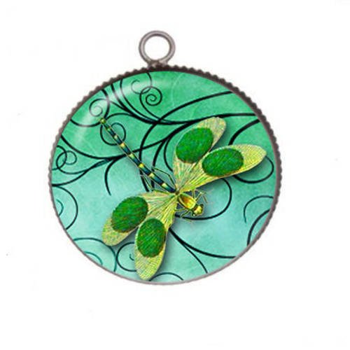 1 pendentif cabochon rond en résine 25mm libellule arabesque 023 