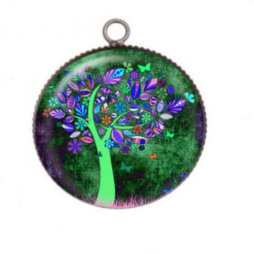 1 pendentif cabochon rond en résine 25mm arbre multi 06 