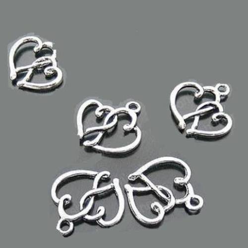 5 breloques pendentif   coeur double en métal argenté 