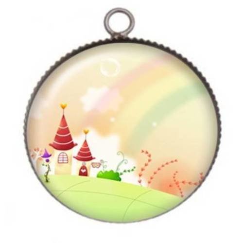 1 pendentif cabochon rond en résine 25mm paysage fleur 026 
