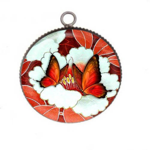 1 pendentif cabochon rond en résine 25mm papillon color 012 
