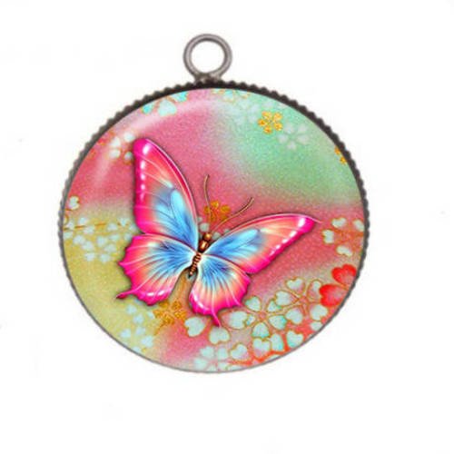 1 pendentif cabochon rond en résine 25mm papillon color 011 
