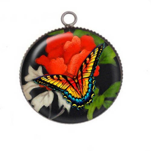 1 pendentif cabochon rond en résine 25mm papillon color 09 
