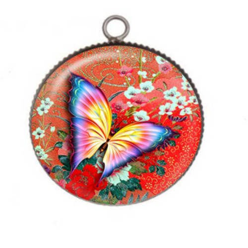 1 pendentif cabochon rond en résine 25mm papillon color 03 