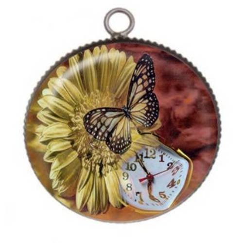 1 pendentif cabochon rond en résine 25mm papillon horloge boussole 013