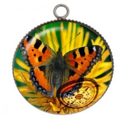 1 pendentif cabochon rond en résine 25mm papillon horloge boussole 011