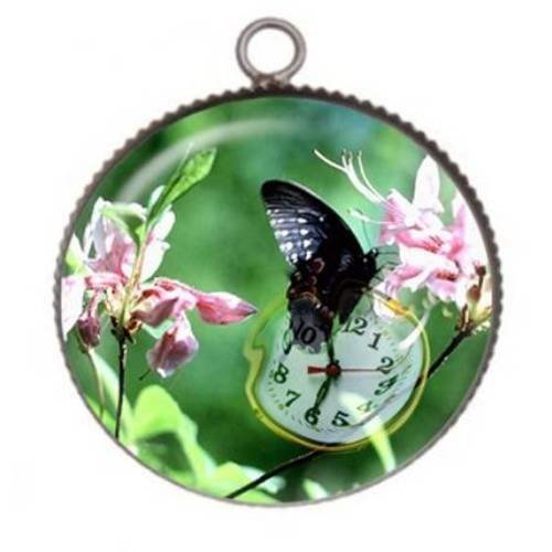 1 pendentif cabochon rond en résine 25mm papillon horloge boussole 02
