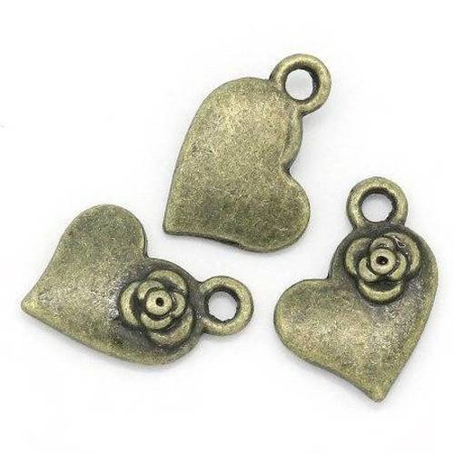 5 breloques pendentifs  coeur avec fleur en métal col bronze 