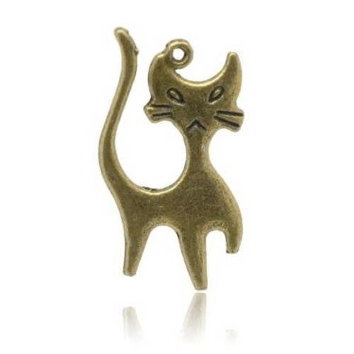 4 breloques pendentifs  chat en métal col bronze 