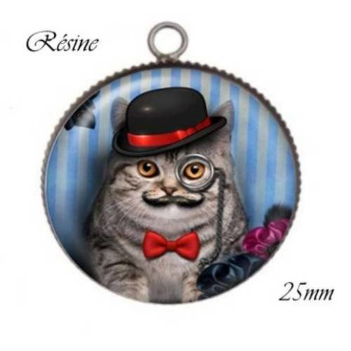 1 pendentif cabochon rond en résine 25mm chat déguisé 015