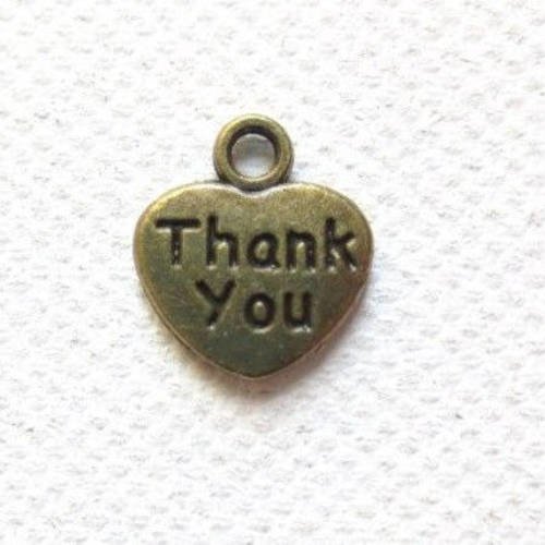 5 breloques pendentifs  coeur "thank you"  en métal col bronze 