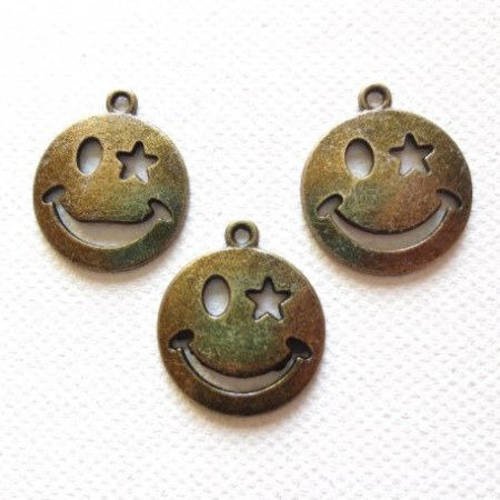3 breloques pendentifs visage smiley en métal col bronze 