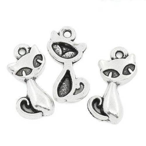 5 breloques pendentifs petit chat en métal argenté 