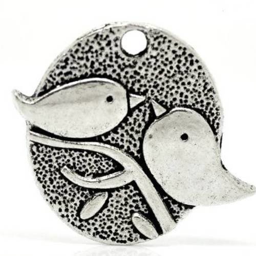 2 breloques pendentif ovale médaillon oiseau en métal argenté 