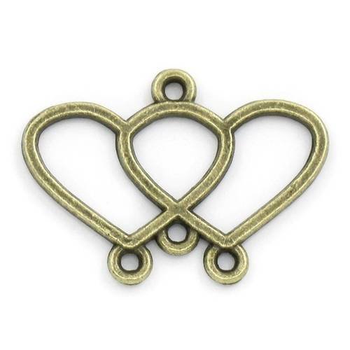 4 connecteurs intercalaires coeur double en métal col bronze 