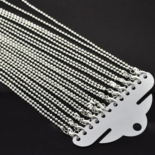 12 colliers chaines à bille 46cm en métal argenté 