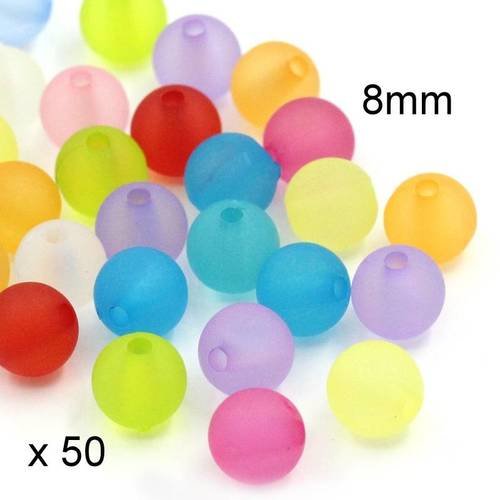 50 perles 8mm en acrylique dépoli multicolore 