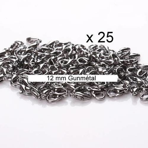 25 fermoirs mousqueton 12mm en métal col gunmétal 