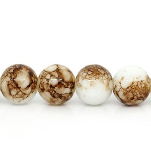 25 perles verre 10mm marbrées marron/blanc