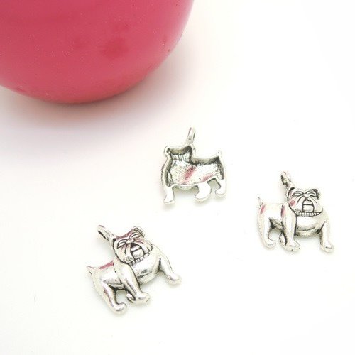Lot de 3 breloques chien bouledogue en métal argenté
