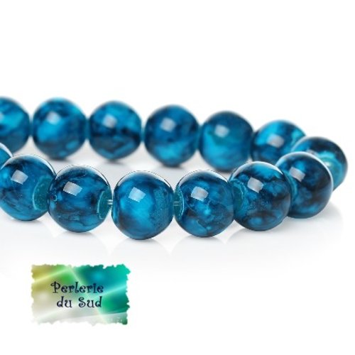30 perles en verre 8mm bleu marbré