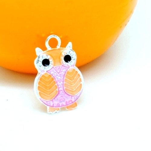 2 pendentifs breloques chouette émaillée rose/orange