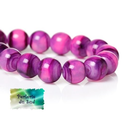 30  perles en verre rose marbrées violet 8mm
