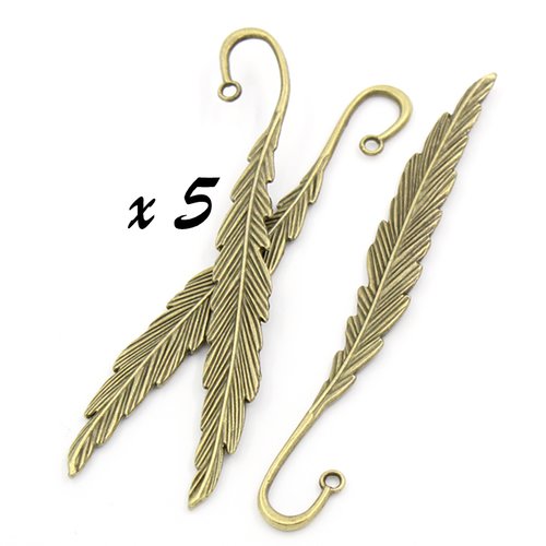 5 marque-pages plume 11,7 cm en métal bronze