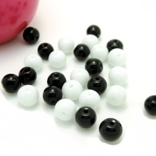 50 perles rondes acrylique 6mm  noir et blanc