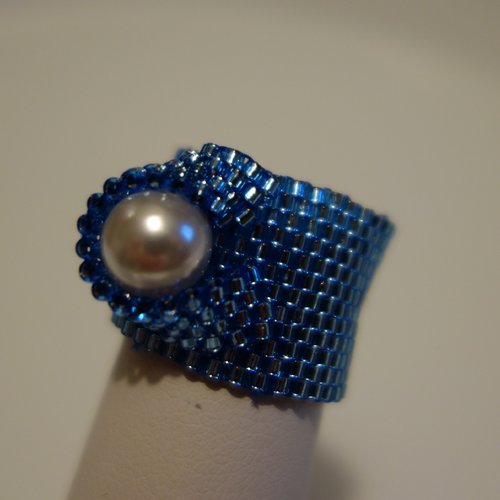 Bague océan nacré en perles de verre miyuki et perle nacrée swarovski
