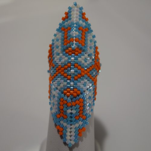 Bague losange mad ring bleue, blanche et orange en perles miyuki