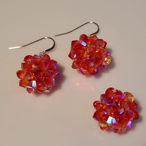 Parure boucles d'oreilles et pendentif boules de cristal  swarovski multicolores fireopal
