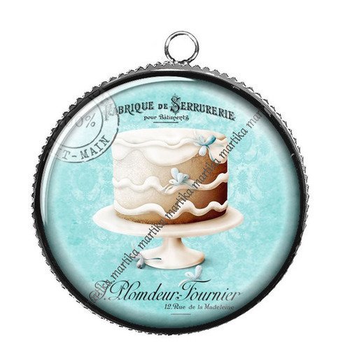 Pendentif métal et son cabochon 25 mm en résine époxy *gateau* cup23 