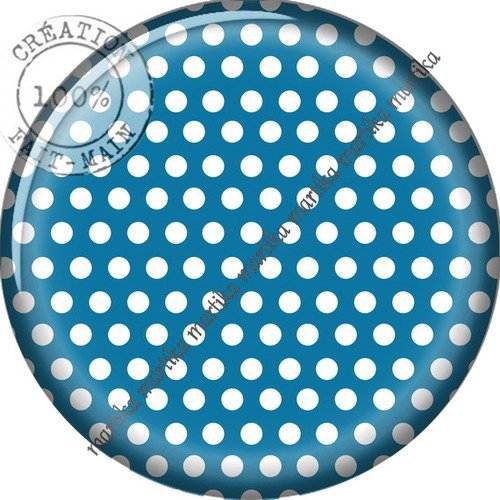 Cabochon résine 25 mm fond bleu pois blanc n°1043 