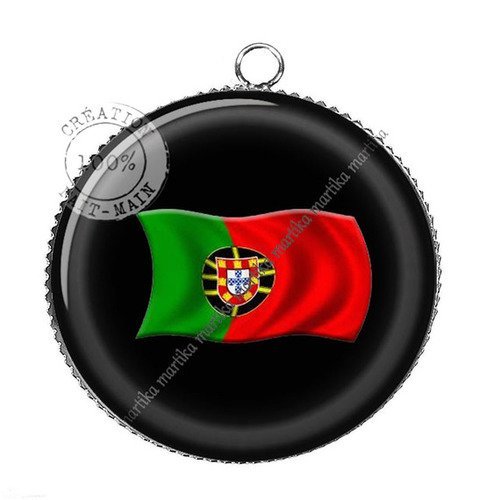 1 pendentif  argenté cabochon drapeau portugal fond noir  epoxy résine métal n°1 