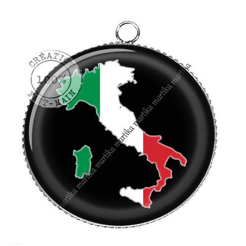 1 pendentif  argenté cabochon drapeau italien fond noir  epoxy résine métal n°1 