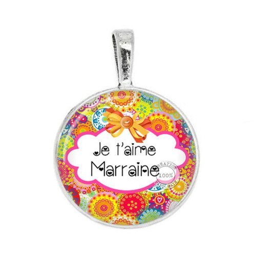 Pendentif cabochon metal et epoxy 25 mm je t&#039;aime marraine n°126 