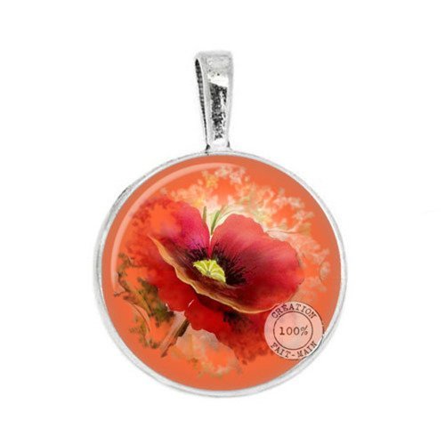 Pendentif cabochon metal et epoxy 25 mm coquelicot n°126 