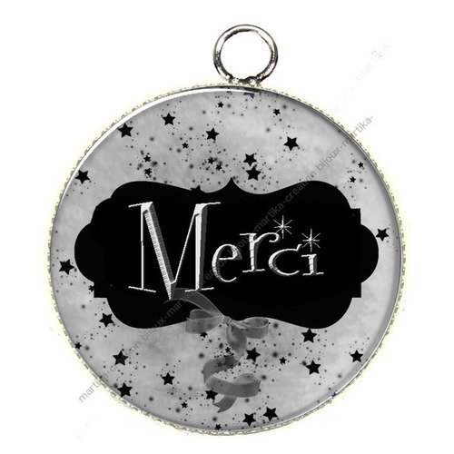 Pendentif cabochon metal et epoxy 25 mm merci n°129 