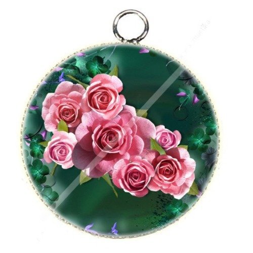 Pendentif cabochon métal et époxy 25 mm  fleur rose n°29 