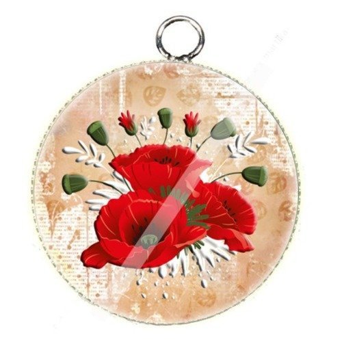 Pendentif cabochon metal et epoxy 25 mm fleur coquelicot  n°22 