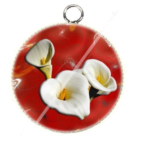 Pendentif cabochon metal et epoxy 25 mm  fleur arome  n°21 