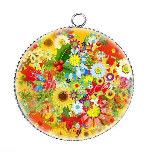 Pendentif cabochon fleur métal argenté et époxy 25 mm n°19 