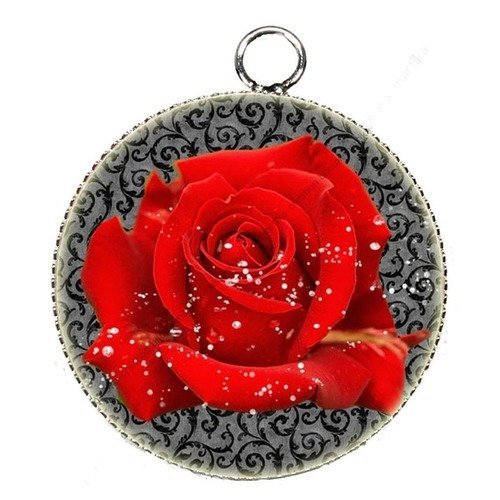 Pendentif cabochon fleur rose métal argenté et époxy 25 mm n°11 